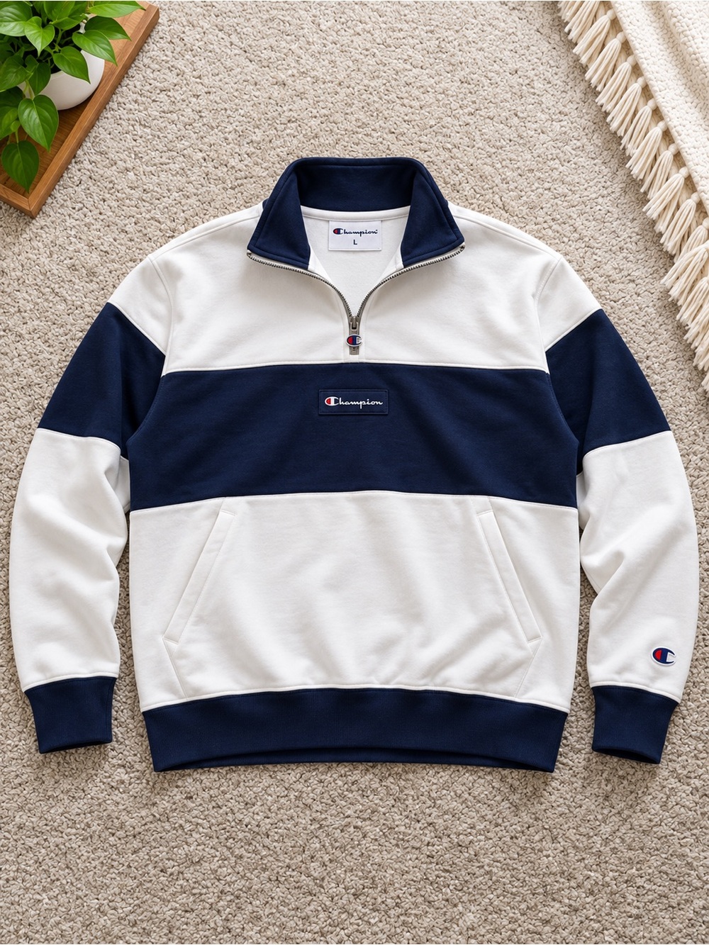 Champion Men's Navy and White Half-Zip Sweatshirt